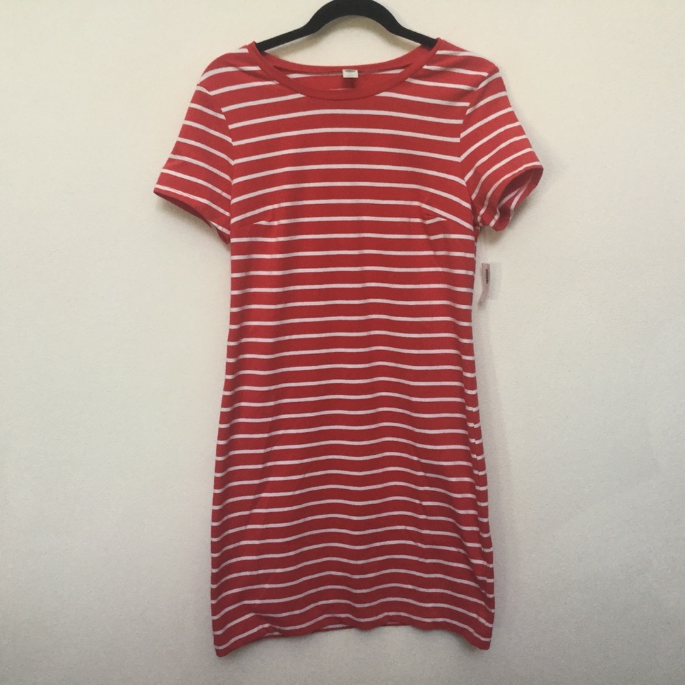 NWT Old Navy Orange, White Striped Fitted T-Shirt Dress Size Medium Spring